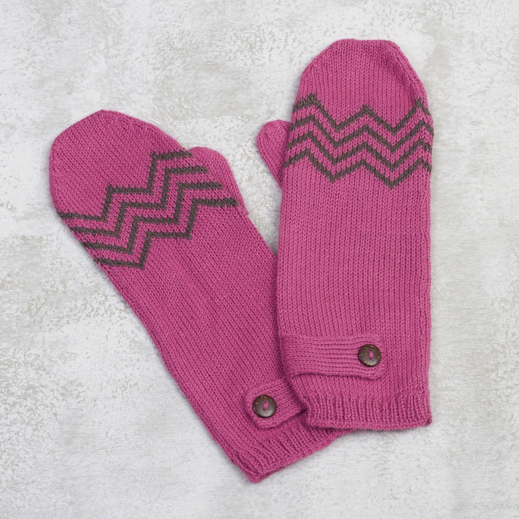 Zigzag Warmth in Lead Grey Alpaca Blend Mittens in Rose and Lead Grey from Peru